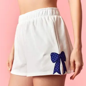 Polka Dot Printed Bow Side Embroidery Patches Detailed French Terry Shorts
