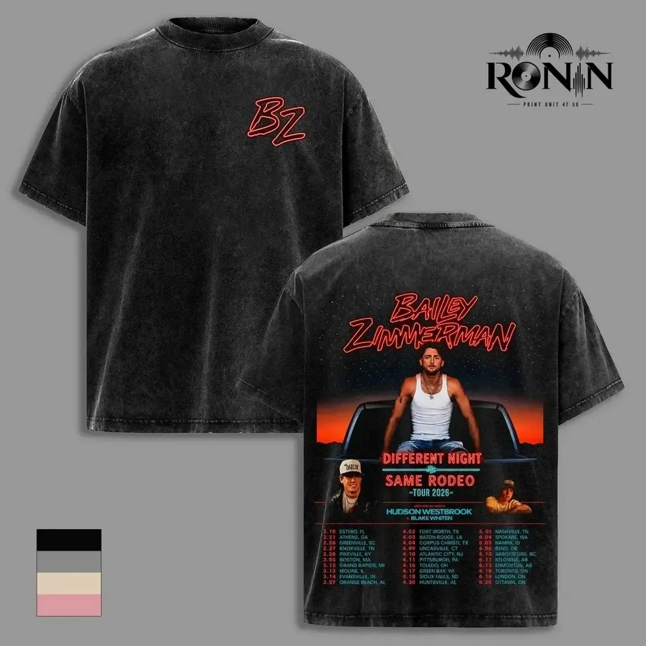 Bailey Zimmerman Different Night Same Rodeo Tour 2026 T Shirt Vintage Washed Country Music Graphic Tee Double Sided Heavyweight Cotton Oversized Unisex Apparel ZVQ
