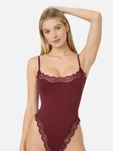 Women's Sexy Solid Color Spaghetti Strap Lace Trim Shaping Bodysuit High Waisted Breathable Shapewear