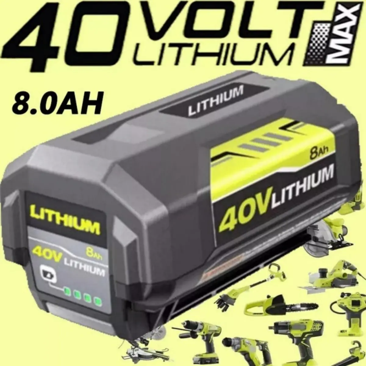 40V 8.0Ah High Capacity Lithium-Ion Replacement Battery with Lithium Carbonate Cells for Ryobi OP4040, Compatible with Ryobi 40V Batteries OP4050A, OP40201, OP4026, OP40261, OP4030, OP40301, OP4050, OP4060, LED Display, Portable Power Solutions, Compatibl