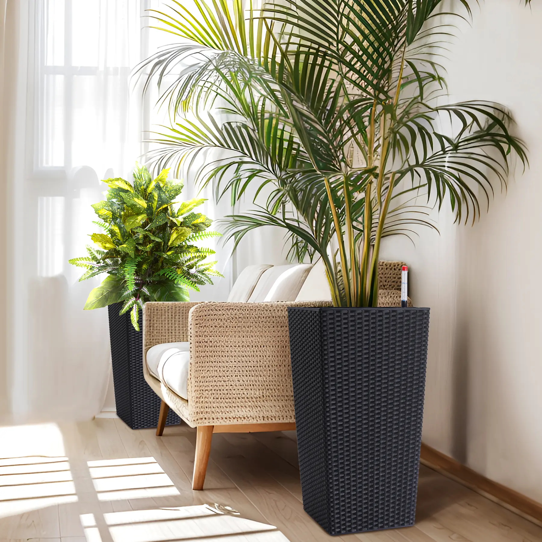2-Pack 16-Inch Tall Rattan Plant Pots with 4-wheel Mobility, Reservoir Hydration, Water Level Check & Wheels, Large Flower Planters for Patio, Living Room Home Improvement Garden Supplies