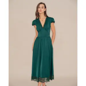 Rihoas Women's Basic Chic Lady Solid Green V-Neck Short-Sleeve Puffed Polyester Lace Tunic Maxi Dress, Casual Wear