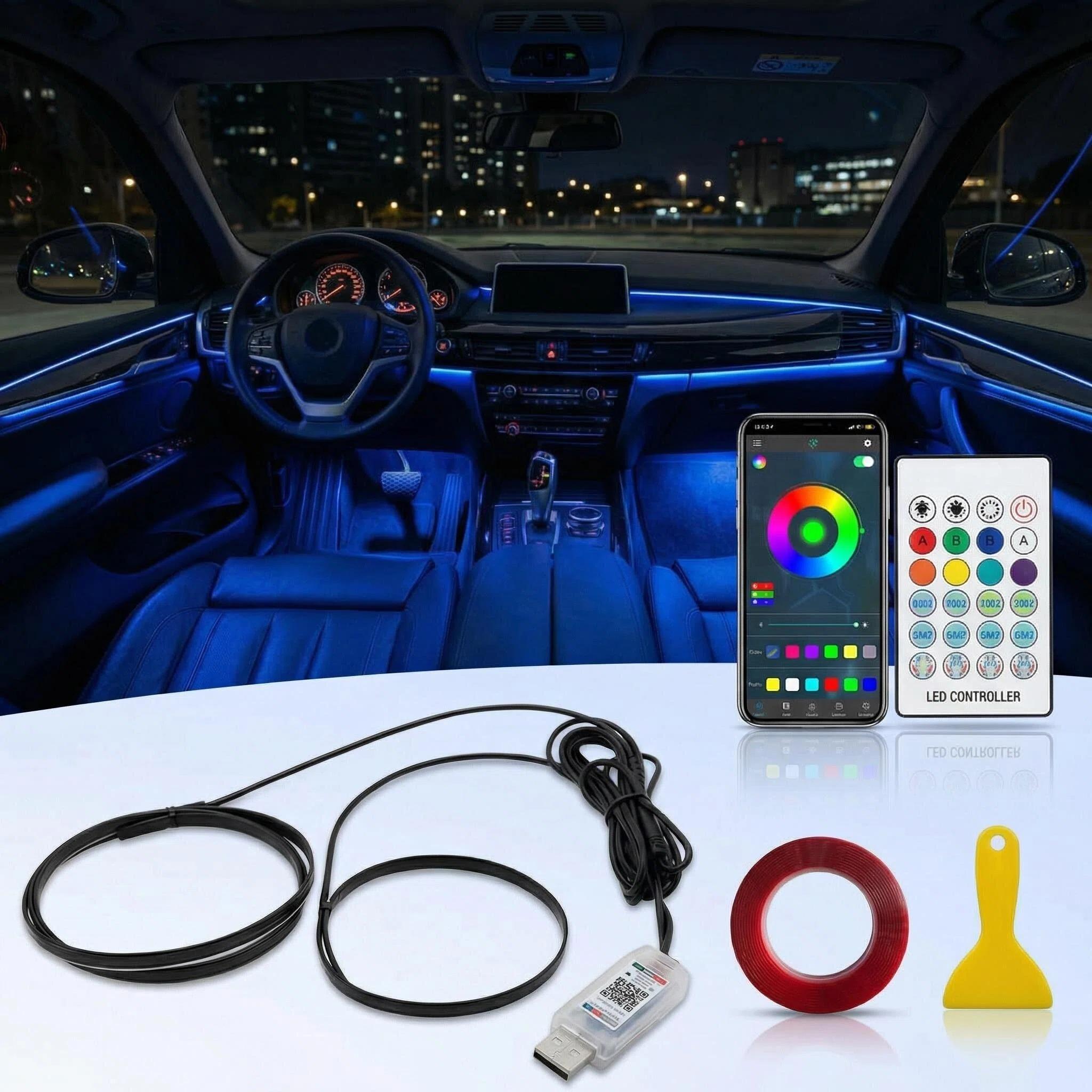 LED Car Lights Interior with USB Port, LED Strip Fiber Optic Ambient Lighting Car, Wireless App Control, Sync to Music, Car Decorations Interior Accessories Gifts for Women Men, 2 in 1 diy mode rgb