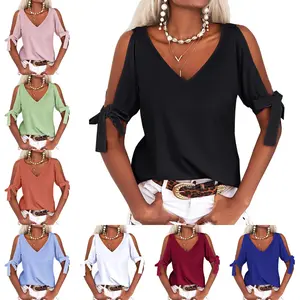 Beotyshow Women's Cold Shoulder Tops Short Sleeve V-Neck Casual Loose Cutout Summer Fashion Tshirts Blouse Shirts