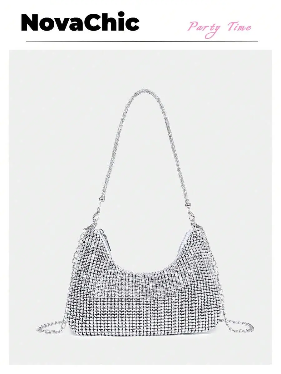 LUNA LAYER Womens Glamorous Rhinestone Bucket Bag Mini Pearl Chain Evening Party Crossbody Bag Silver