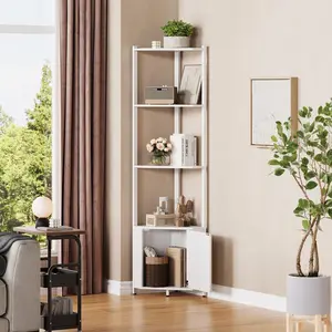 YJ-Garvee 5 Tier Corner Shelf Stand, 57” Tall Metal Frame Corner Shelf with Wood Shelves, Standing Shelf Organizer for Living Room, Bedroom, Kitchen, Bathroom | Wall Corner Storage Rack for Home Office, Entrywa