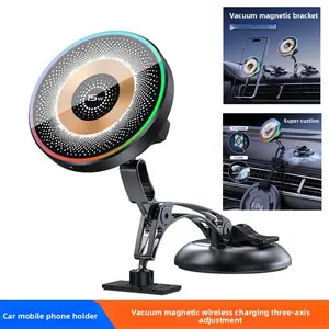 Car phone holder with magnetic wireless charging, ambient light, suction cup dashboard navigation stand, car phone mount