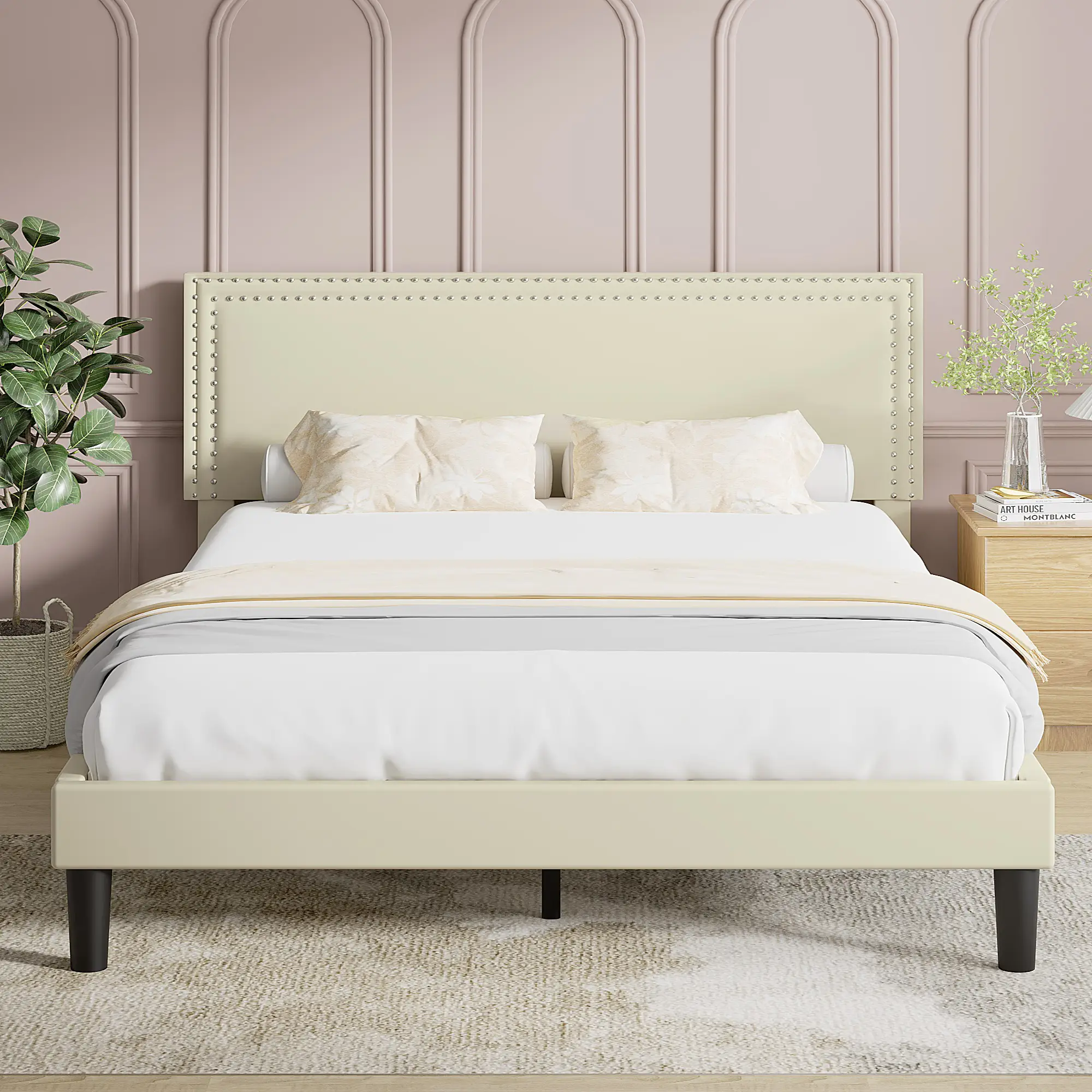 VECELO Queen Size Upholstered Bed/Black/Pink/Grey/Beige Bed Frame/Upholstered Platform Bed/Solid Wood Slats/No Box Spring Required