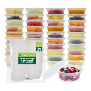 Freshware Food Storage Containers [50 Set] 8 oz Plastic Deli Containers with Lids, Slime, Soup, Meal Prep Containers | BPA Free | Stackable | Leakproof | Microwave/Dishwasher/Freezer Safe