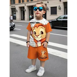 [2pcs 3D Lion Shorts] 2pcs/set Cute 3D Lion Boys' Fashion Short Sleeve and Casual Shorts |   Summer Suit, Suitable for School Parties, Outdoor Sports, as Gifts, Perfect for Outdoor