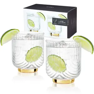 Viski Gatsby Lowball Glasses Set of 2 - Vintage Drinking Tumblers for Whiskey, Scotch & Bourbon, 12oz Gold Plated Base Crystal Drinking Set