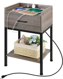 Wooden Nightstand with Charging Station, USB Port, Drawers, Storage Shelves & iPad Compatibility - Small Bedside Table for Bedroom, Living Room