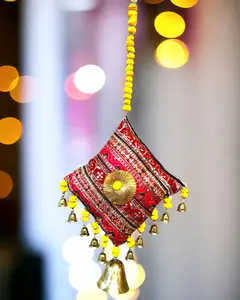 Beautiful Multicolored Sequence Work Single Square Hanging With Pompom & Bells - Indian Backdrop Decoration