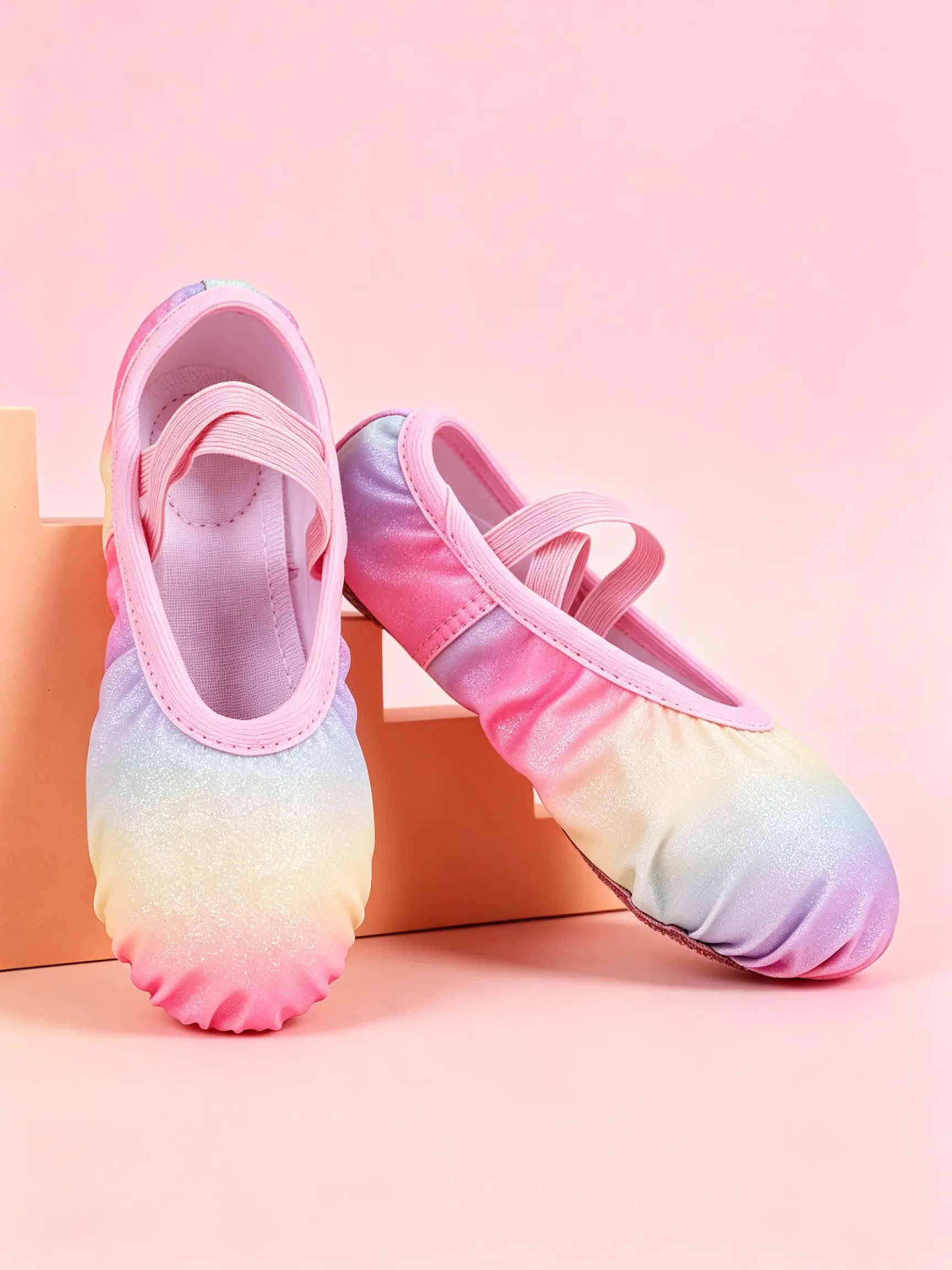 Rainbow Glitter Gradient Cross Strap Girls Dance Shoes Split Sole Soft Ballet Slippers Stretch Gymnastics Footwear For Toddler Kids Dance Class Performance Daily Practice