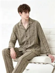 Men's Two-Piece Sleepwear Set, Long Sleeve Open Front Top + Pants, Fashionable Gold Pattern, Comfortable Home Wear, Spring Fall