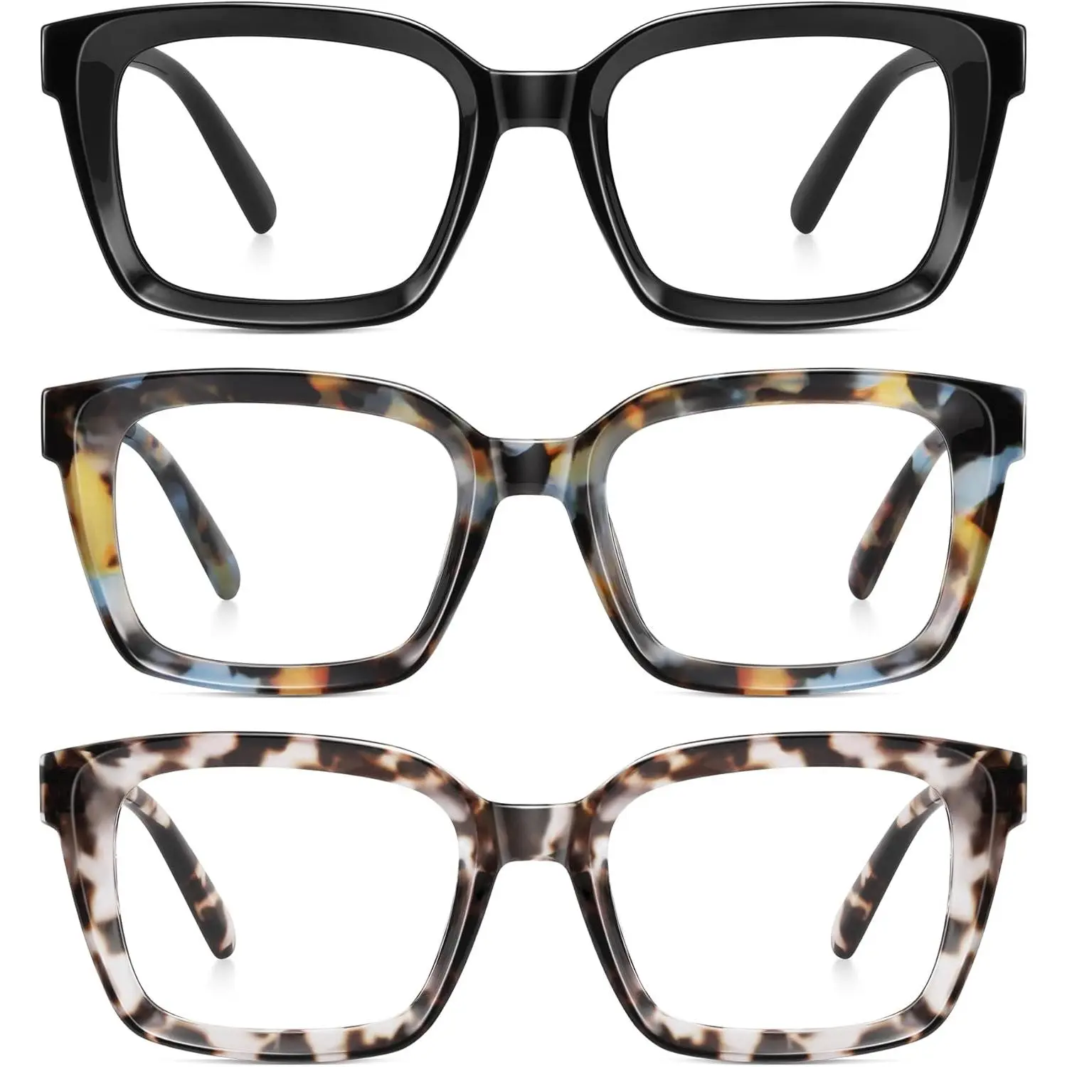 Women's Blue Light Blocking Oversize Square Oprah Frames Reading Eyeglasses - 3 Pack*Mix1, Anti-Glare, UV Protection, HD Lens, Lightweight, Spring Hinge, Ideal Gift for Friends & Family