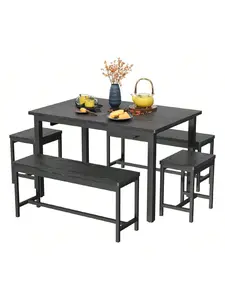 Gaomon 63-Inch MDF Wood 5-Piece Extendable Dining Table Set, Farmhouse Indoor Furniture, Tool-Free Space-Saving Kitchen/Dining Room Set for 4-8 People with 2 Benches and 2 Stools