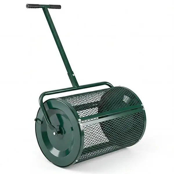 SUGIFT Compost Spreader Roller Garden Cart with 2.7 Cu.ft Basket Height-Adjustable T-Shape Handle Green