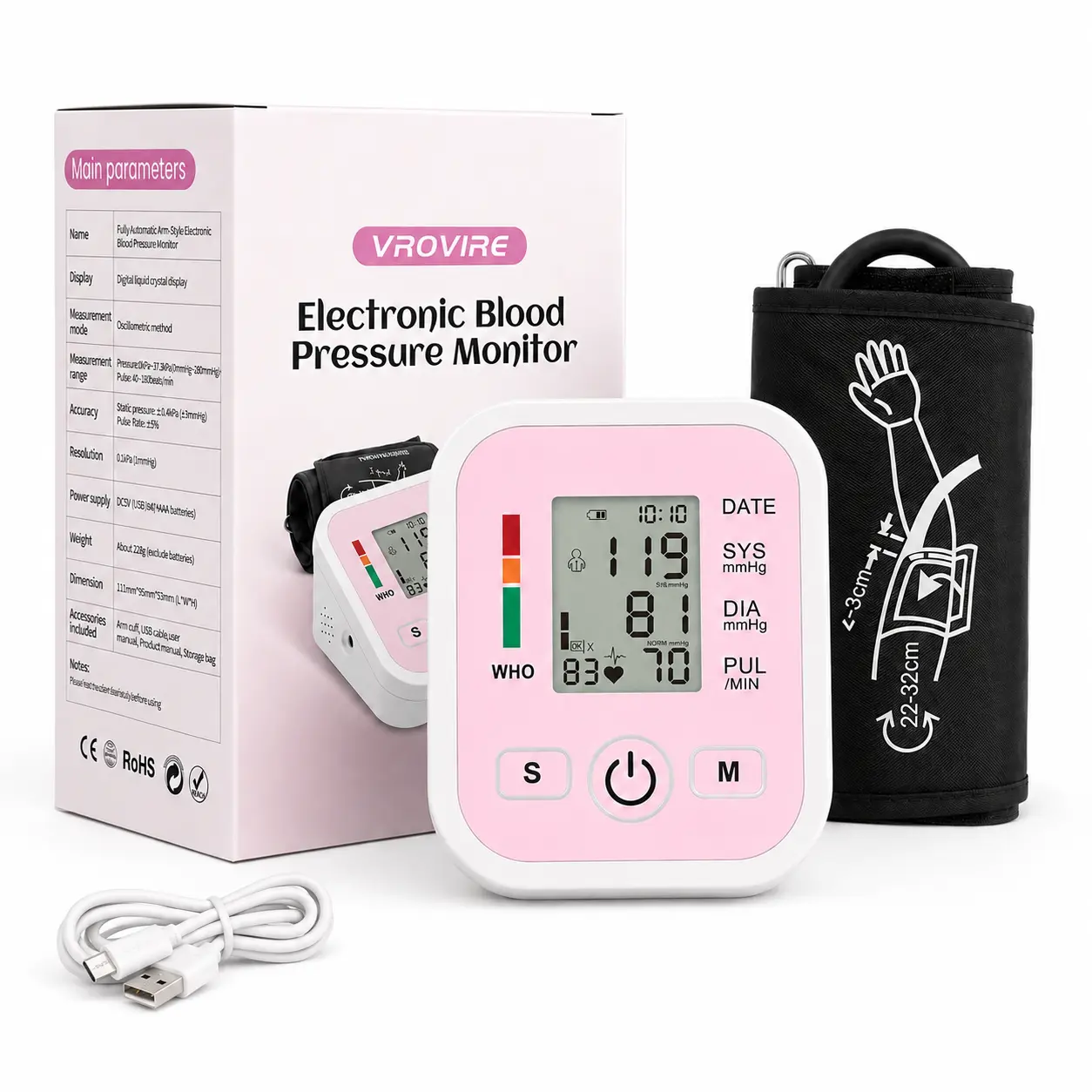 Automatic Upper Arm Blood Pressure Monitor with Large LCD Display, Color-Coded Indicator, Dual User Memory and Adjustable 22–42cm Cuff for Home Use