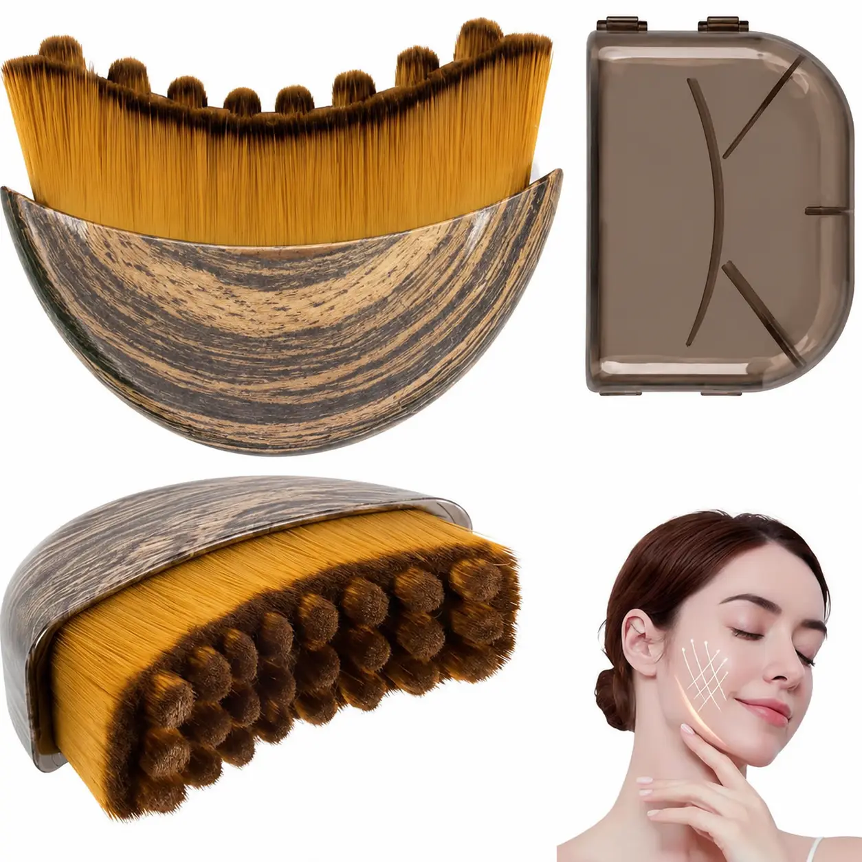 Wood Lymphatic Drainage Face & Neck Massage Brush Kit - Soft Bristles, Curved Design, Dual-Sided Gua Sha Tool, Portable Case, 85G, for V-Face Lifting, Puffiness Reduction, All Skin Types, Boost Skincare Absorption, Adults, Complete Kit