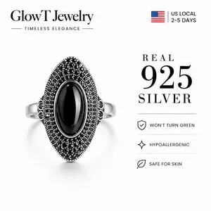 925 Sterling Silver Vintage Retro Cocktail Statement Ring Black Agate / Onyx / Obsidian Ring with Black Cubic Zirconia Surrounded Decor, Antique Silver Big Black Stone Ring Victorian Style Jewelry for Women and Men
