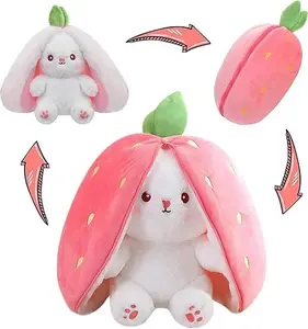 Strawberry Bunny 2-in-1 Transformable Plush Toy Ultra Soft Fabric Stuffed Animal Kawaii Charm for Cuddling Gifting or Decorating Bed Shelf Eco-Friendly & Compact Size
