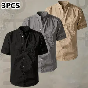Men's Linen Short Sleeve Button Down Shirt - Casual Stand Collar Summer Top with Chest Pocket, Lightweight & Breathable for Beach, Vacation, Daily Wear ( S-XXXL)