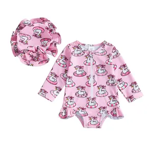 Adorable Newborn Infant Girl Swimsuit Rash Guard Set Duck Shell Pattern Print Long Sleeve Zipper Top Sun Hat 2 Piece Beach Pool