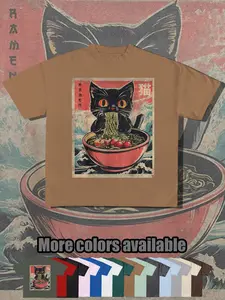 Vintage Japanese Ukiyo-E Cute Cat Ramen Print T-Shirt, Short Sleeve, Street Style, Loose-Fitting, Solid Pattern, Art Lovers Fashion Top