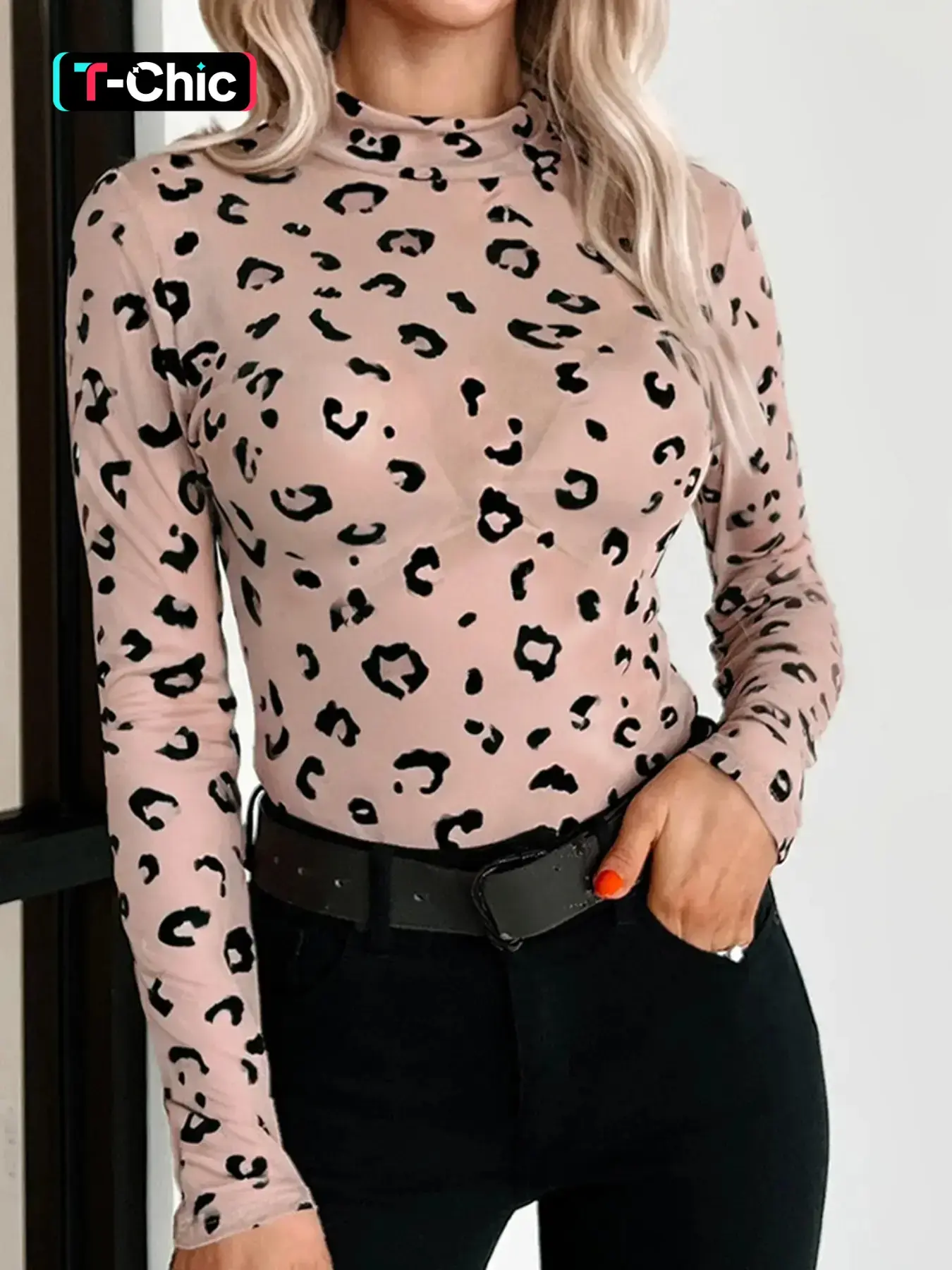 Hotapei Sexy High Neck Sheer Mesh Leopard Print Bodycon Fitted Long Sleeve Jumpsuit, Spring & Fall Fashion, Slim Fit One-Piece Bodysuits