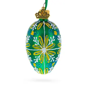 Emerald Green with Blue and Yellow Swirl Floral Mini Glass Egg Ornament 2.9 Inches