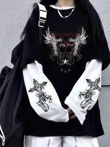 Women's Round Neck Long Sleeve Fitted T-Shirt, Cross Print Design, Colorblock Sleeves, Casual Comfortable Top for Spring & Fall Daily Wear, Womenswear