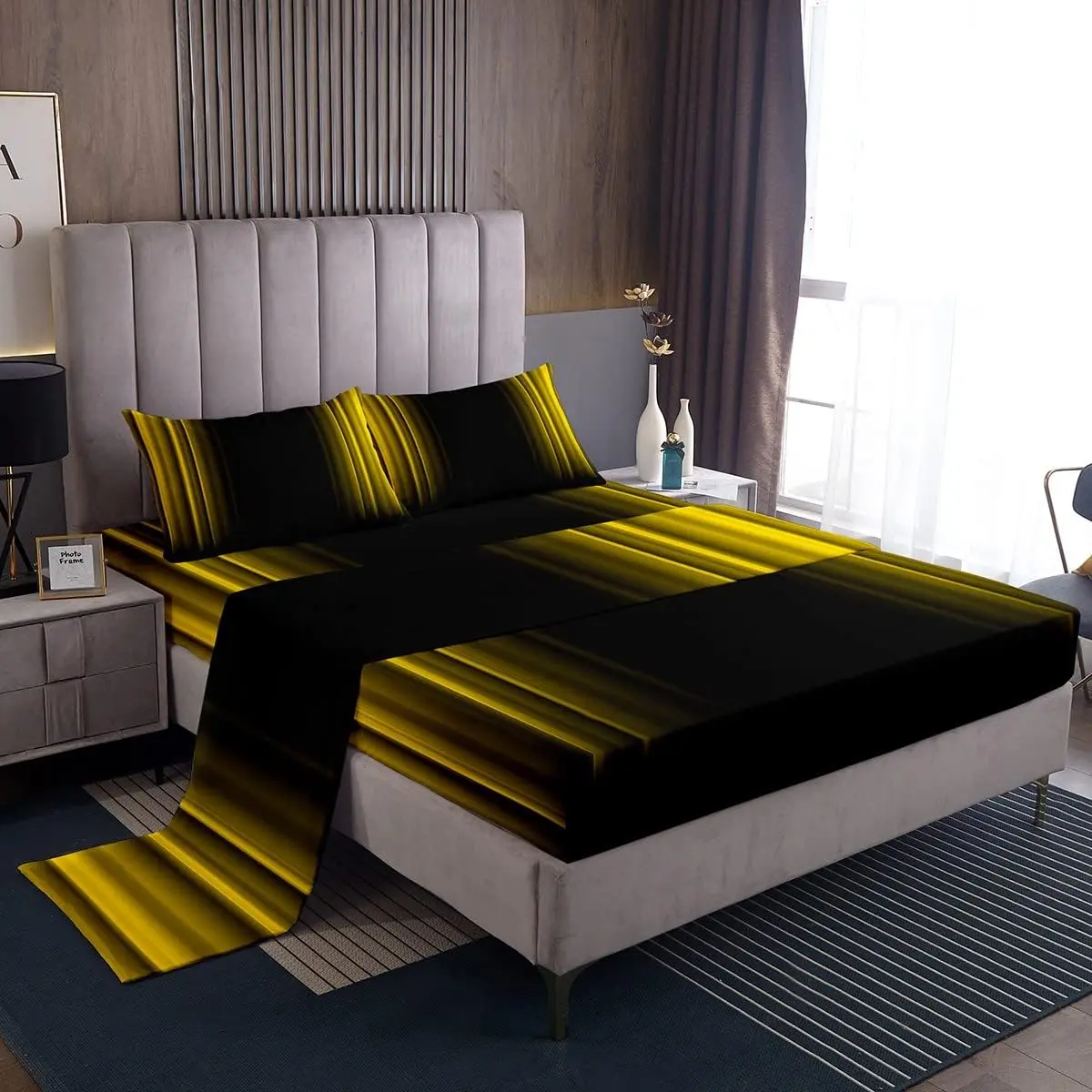 Feelyou Multi-Size Geometric Abstract Ombre Bed Set - Yellow and Black Striped Decorative Deep Pocket Sheets, Modern Simple Breathable Linens for Kids’ Rooms, Matching Bedding Pieces Included, Machine Washable, Machine Wash