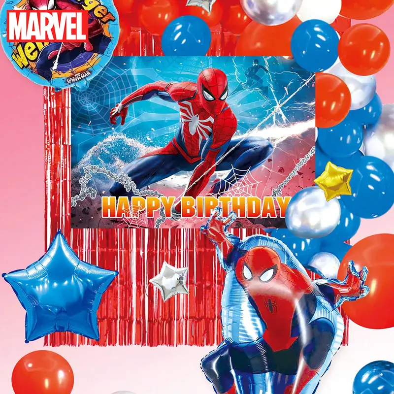 65pcs Marvel Officially Licensed Spider-Man Drizzle Curtain Poster Balloon Set Cartoon Image Balloon Dress Up Birthday Party Theme Banquet Graduation Anniversary Decoration Supplies Photo Props Gifts for Friends Family