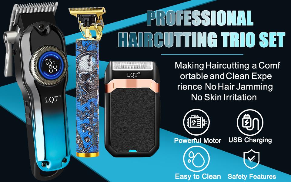 LQT Blue Gradient Skull Graffiti 3-in-1 Men's Grooming Kit, Cordless Hair Clipper with Blue LED Display, Gold T-Blade Trimmer & Shaver, Complete Rechargeable Barber Set for Salon & Home DIY Fades, Edges & Beard Styling