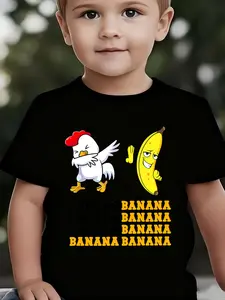 Boys' Summer Breathable & Comfortable "Dancing Chick & Banana" Cartoon Print (3-12Y) Casual Sports T-Shirt