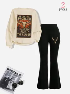 Women's Western Cowgirl Style Two-Piece Set, Loose Casual Round Neck Long Sleeve Top, Poster Print, Slim Fit Bell Pants, Fall Winter
