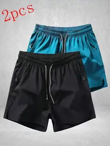 Men’s two-pack casual fashion athletic shorts with side slits — quick-drying polyester–elastane blend, suitable for jogging, training, and the beach, with zippered pockets