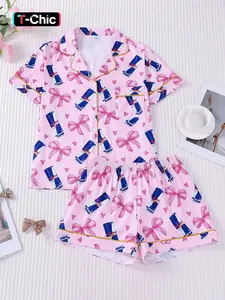 2-piece women's full body pink bow love drink bottle Print short sleeved shorts soft and comfortable skin friendly smooth top small pocket button closure elastic waistband suitable for all seasons home casual wear pajamas Loungewear