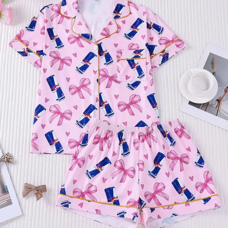 2-piece women's pj set pink bow print short sleeved shorts soft, comfortable, skin-friendly top small pocket button closure elastic waistband suitable for all seasons home casual wear pajamas Home Wear Loungewear