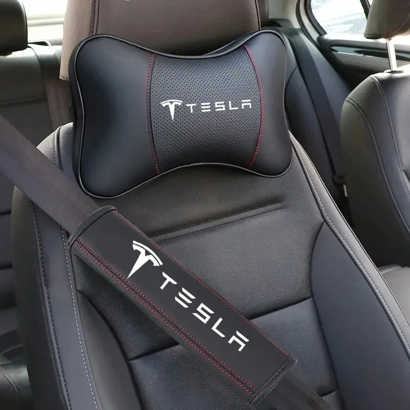 Leather Car Headrest Neck Pillow Neck Rest Cushion Seat Belt Shoulder Pad Automotive Car Interior Kit For Tesla Model 3 Model S X Model Y Juniper Roadster 2021 Cybertruck Juguete SpaceX Accessories