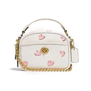 COACH Lunchbox 17 Top-Handle Handbag for Women – Heart-Printed Genuine Leather Crossbody in White