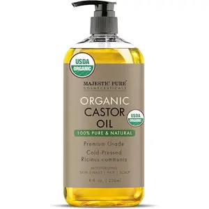 Majestic Pure USDA Organic Castor Oil | Hexane Free & 100% Pure | Cold Pressed | Stimulate Growth for Hair, Eyelashes, Eyebrows, Nails | Moisturizing & Nourishing | Body, Hair & Carrier Oil | 8 Fl Oz