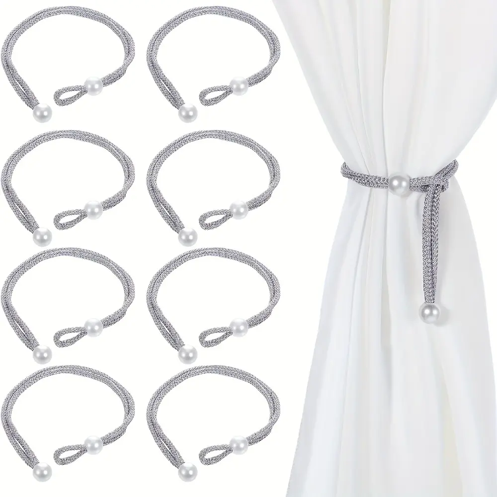 8pcs Adjustable Grey Rope Curtain Tiebacks with Pearl Buckle - Elegant Decorative Holders for Home, Office, or Hotel Window Drapery, Curtain Accessories