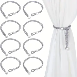 8pcs Adjustable Grey Rope Curtain Tiebacks with Pearl Buckle - Elegant Decorative Holders for Home, Office, or Hotel Window Drapery, Curtain Accessories