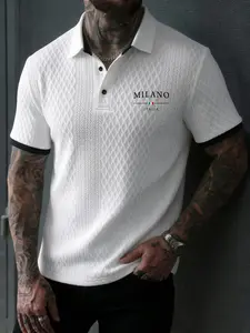 Men's Fashion Polo Shirt, Menswear, Milano Letter Print, Breathable Textured Fabric, Fashionable Casual, Casual Short Sleeve, Suitable for Daily Commute