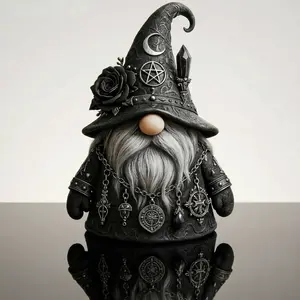Gothic Wizard Gnome Figurine Halloween Gothic Gnome Collectible Fall Decor, Resin Wizard Statue Dark Fantasy Ornament for Indoor Table Shelf Tier Tray Home Decoration Gift