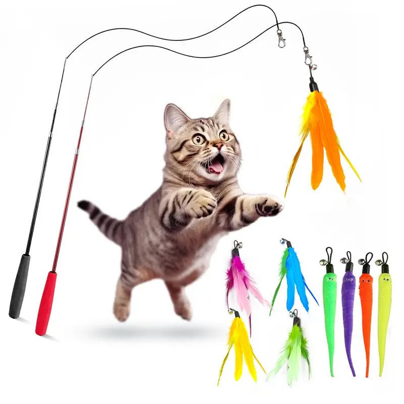 PESHOGAK Interactive Kitten Wand - Retractable, Animal Print, Universal Fit, Reusable Feather Refills, Nylon Teaser, 0.22lb, 10*15*1in, Feather Pattern Toy for Indoor Cats to Chase and Exercise