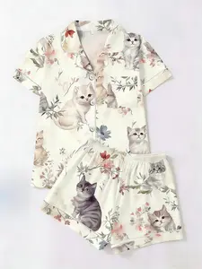 Women's 2-Piece Cute Cat Print Pajamas Set, Short Sleeve Button-Down Shirt, Pocketed Elastic Waist Shorts, Spring Summer Casual Wear