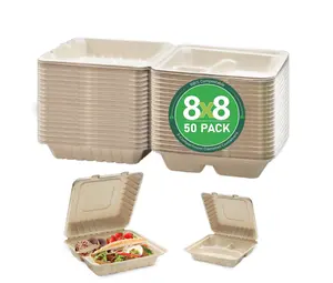 GoGreen 8x8-50Pack Bio Disposable 100% Compostable Food Containers with Lids - Heavy-Duty Boxes Made of Sugarcane Fibers,Brown Plastic Traditional